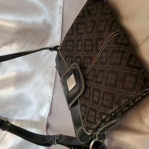 9 & Co. Black Patent Leather and Canvas Print Crossbody Bag